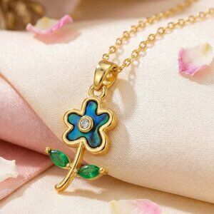 18K Gold Plated Blue Flower Necklace  Abalone Shell & Sparkling Zirconia Pendant